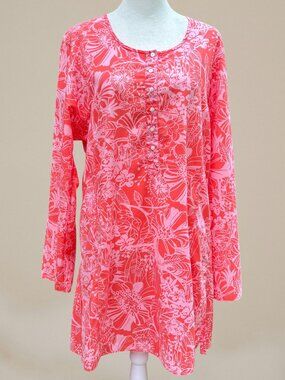 J.Crew Floral Tunic Top Peach Pink Cotton Long Sleeve Resort Wear Coastal (Sz M)